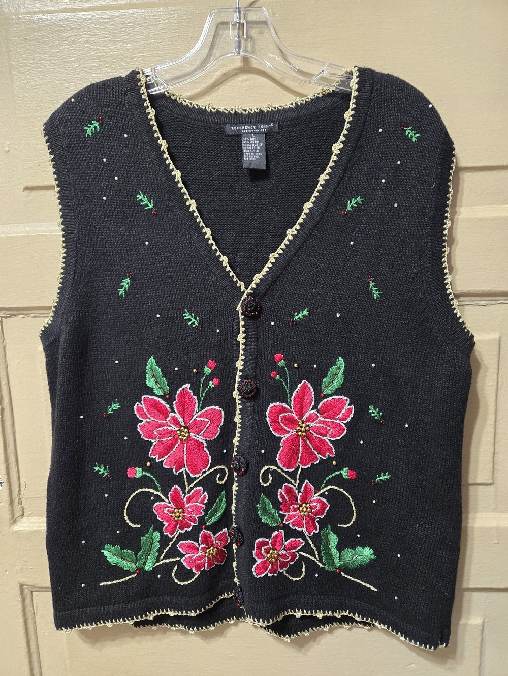 Reference Point Poinsettia Beaded Black Knit Button Front Vest GUC Size: L